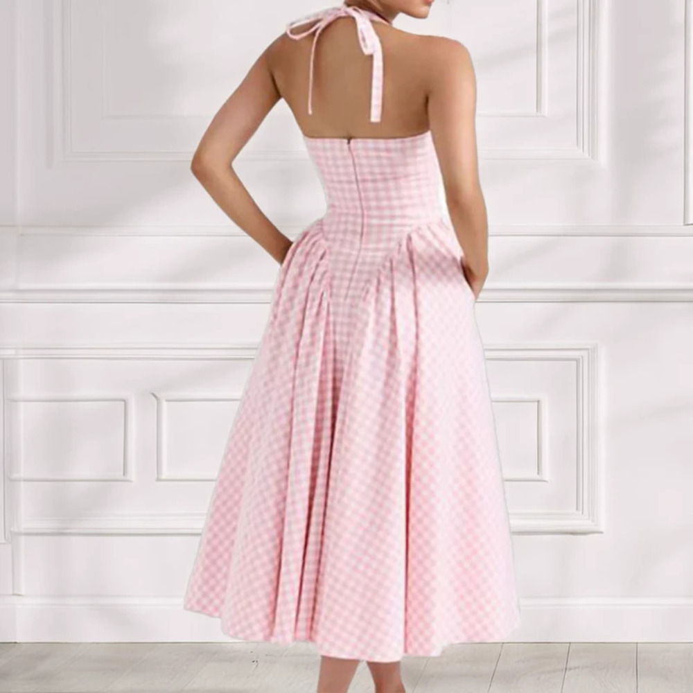 ZARA Elegant Summer French Halter Neck Waist Cinch Dress